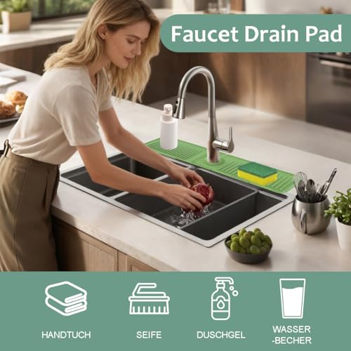 24 Inch Silicone Faucet Mat for Kitchen Sink Splash Guard Folding Faucet Mat with Button Lock Water Draining Pad for Kitchen Bathroom Bar(Green) - color: Green