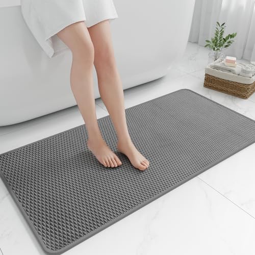 RUERYA Long Bathroom Rugs Non Slip Washable, Rubber Bath Mats for Bathroom,Quick Dry,Super Absorbent Ultra Thin Bath Mat Low Pile Bath Floor Mat Fit Under Door,Shower,Sink, Light Grey, 24"x47" - color: Light Grey, size: 2' x 3'11" (Rectangular)
