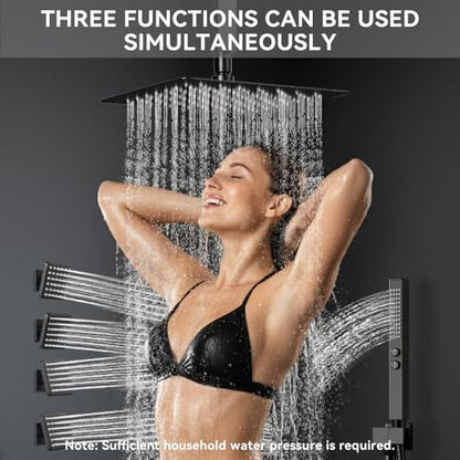 Thermostatic Shower System with Body Jets, STARBATH 12" Rain Shower with 2 in 1 Handheld, Can Use All at Once, Ceiling Mount Complete Shower Faucet Set with Thermostatic Valve Trim Kit, Matte Black - color: Matte Black, size: 12"-02