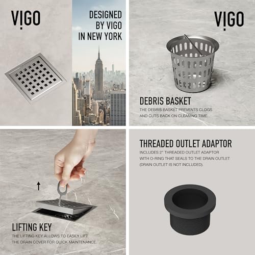 VIGO Elan 4.38 in. W x 4.38 in. L Square Shower Drain in Brushed Nickel - VG07004BN - color: Brushed Nickel, size: 4 in.