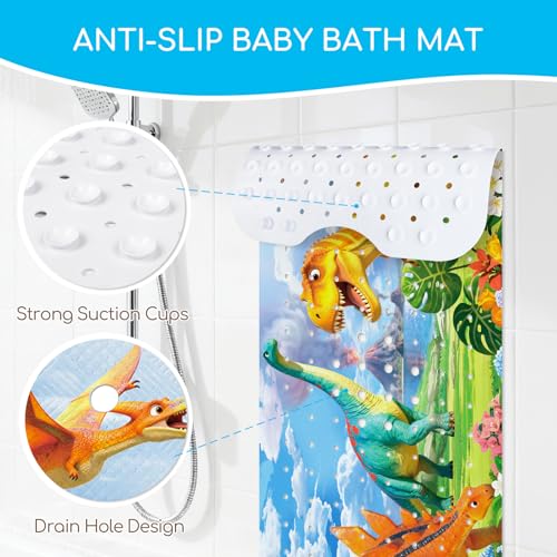 Baby Bath Mat for Tub, Non Slip Kids Bath Shower Mat, Dinosaur | 40 X 16 Inch Large Bathtub Mat with Drain Holes and Suction Cups for Toddlers · Machine Washable and Waterproof - color: Dinosaur