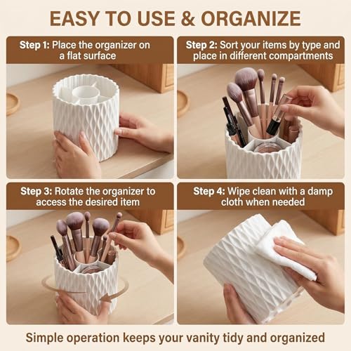 VASANA White Plastic Makeup Brush Holder Organizer 5 Slots 360 Rotating Makeup Brushes Container Round Spinning Cosmetic Storage Cup Desk Bathroom Vanity Beauty Tool for Lipsticks Eyebrow Pencils