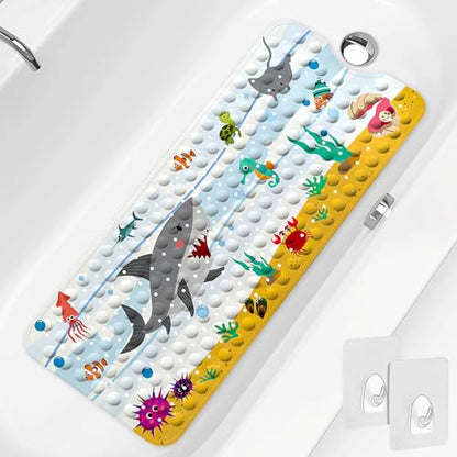 PRATIQUE Kids Bath Mat for Tub Non Slip，40 X 16 Inch Extra Long Kids Bathtub Mat Ocean Bathtub Shower Mat Safety Anti Slip with Suction Cups and Drain Holes, Machine Washable(Shark) - color: Dark Bule