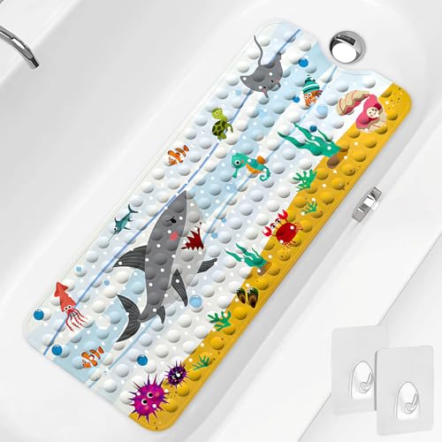 PRATIQUE Kids Bath Mat for Tub Non Slip，40 X 16 Inch Extra Long Kids Bathtub Mat Ocean Bathtub Shower Mat Safety Anti Slip with Suction Cups and Drain Holes, Machine Washable(Shark) - color: Dark Bule