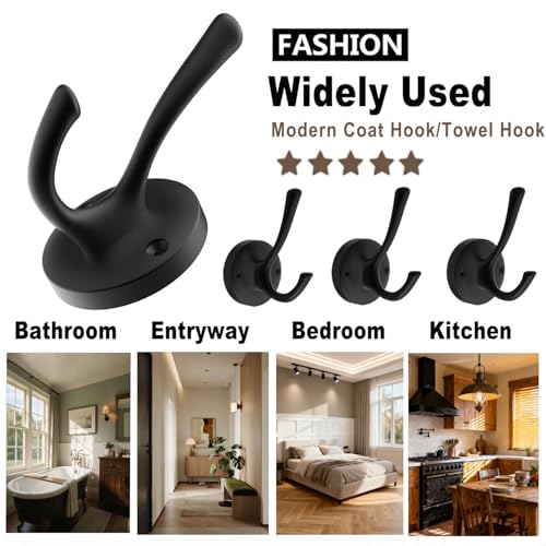 TOFIIGREM Black Wall Hooks Towel Hooks, 3 Pack Coat Hooks Robe Hook Heavy Duty Metal Double Bath Hook Wall Mounted, Hand Towel Hooks for Entryway Bathroom Kitchen Closet Garage - color: Black, size: 3 Pack