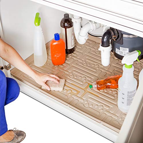 XTREME MATS Waterproof Undersink Mat (Beige 25" 1/4 x 22 1/4) Cabinet Base Liner for Kitchen & Laundry Cabinets Catches Leaks Prevents Damage Flexible Sink Driptray - color: Beige, size: 25" 1/4 x 22" 1/4)