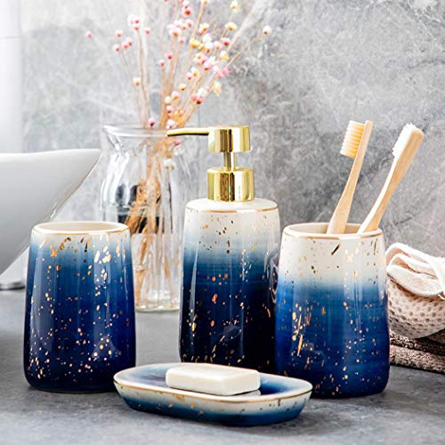 Ceramic Bathroom Accessories Set Gradient Blue 4 Pieces | Includes 2 Gargle Cups, 1 Soap Dish, 1 Ceramic Storage Jar, Suitable For Bathroom - color: Blue Set of 4