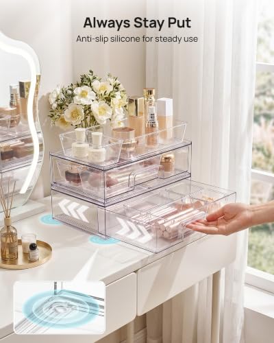 Vtopmart 12-Pack Clear Makeup Organizer Set with Drawer Organizer Bins | 2 Pack Stackable Storage Drawers & 10 Pack Drawer Organizer for Vanity Cosmetic, Bathroom Countertop, Desk - style: 2pack Wide Drawers with bins