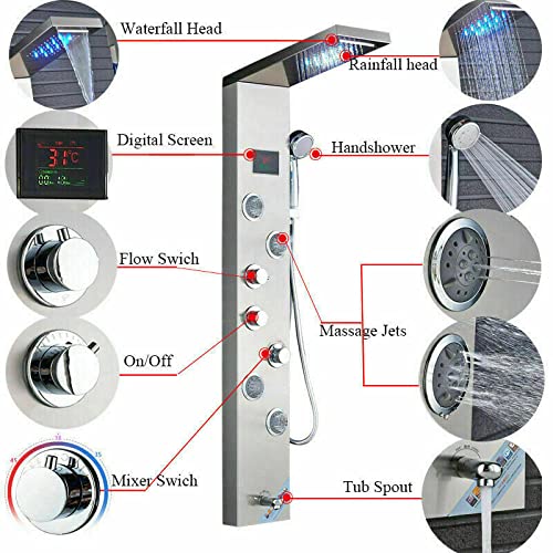 MObyat LED Rainfall Shower Panel Tower Stainless Steel Waterfall Massage Body Jets Set