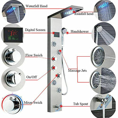 MObyat LED Rainfall Shower Panel Tower Stainless Steel Waterfall Massage Body Jets Set