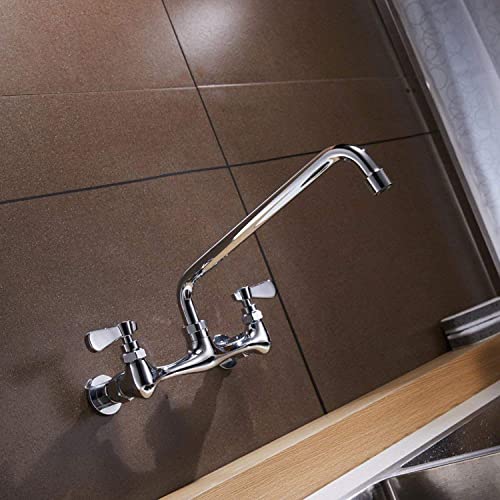Wall Mount Kitchen Faucet Commercial Sink Faucet with 8 Inch Swivel Spout | Two Handles,8 Inches Center,Gooseneck 360° Rotating Spout,Faucet for Restaurant/Laundry/Utility Sinks,Lead-Free,Chrome Finish - size: 8 Inch