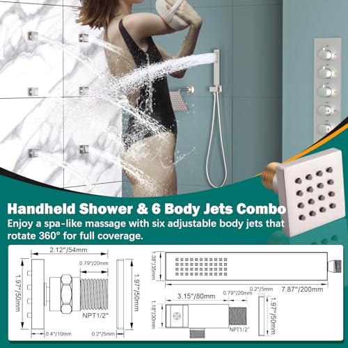 HOMEDEC Multi-Function Shower System with 14x20inch LED and Dual 6inch Shower Heads, 5 Way Valve Ceiling Mount Shower Faucet Set, Brushed Nickel - color: Brushed Nickel, style: 5-Way + 2x 6" Top