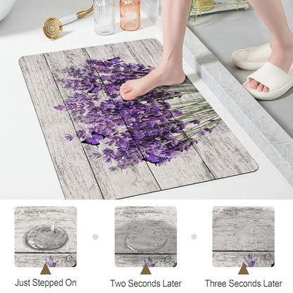 SolAzul Lavender Leather Diatomaceous Earth Bath Mat, Lavender Floral Super Absorbent Diatomite Stone Bath Mat Quick Dry Thin Bathroom Floor Purple Mat Rug (16×24 Inch) - color: Lavender