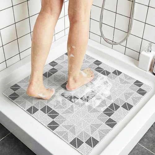 BLESWIN Loofah Bath Mat for Inside Shower, 24"x24" Bathtub Mat Non Slip for Elderly, Square Shower Mat with Drain Hole for Stand Up Shower, Bathroom, Quick Drying& Easy Clean, Gray Geometry - color: Gray Geometry, size: 24" x 24" (Square)