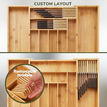 BAMEOS Bamboo Drawer Organizer Expandable Kitchen Silverware Organizer with 7-9 Deep Compartments, Bamboo Reinforced Cutlery Tray, Adjustable Utensil Holder for Kitchen(16.1"-22.4" Wide, Natural) - size: 2''H 22X16 with Knife Block