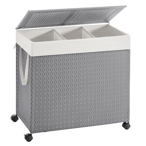 SONGMICS HOME Laundry Hamper with 3 Section, 140 L, Rattan, with Wheels | Rolling Clothes Basket with Lid, Removable Liner with Handles, Gray and Black, PEZZO Collection ULCB602G01 - color: Dove Gray + Matte White, size: 140 L