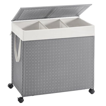 SONGMICS HOME Laundry Hamper with 3 Section, 140 L, Rattan, with Wheels | Rolling Clothes Basket with Lid, Removable Liner with Handles, Gray and Black, PEZZO Collection ULCB602G01 - color: Dove Gray + Matte White, size: 140 L