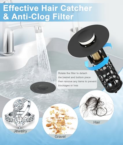 QYHNYJF Upgraded Bathroom Sink Stopper with Hair Catcher - Universal Pop-Up Drain Plug, Stainless Steel & Silicone Seal for 1.1-1.5 Inch Drains, Matte Black Finish (Matte Black) - color: Black