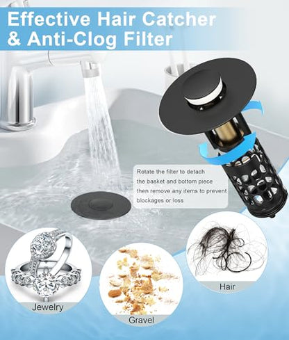QYHNYJF Upgraded Bathroom Sink Stopper with Hair Catcher - Universal Pop-Up Drain Plug, Stainless Steel & Silicone Seal for 1.1-1.5 Inch Drains, Matte Black Finish (Matte Black) - color: Black