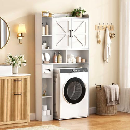 Vabches Over The Toilet Storage Cabinet with 2 Barn Doors, White | Toilet Paper Holder Stand，Home Space-Saving Toilet Rack, for Bathroom, Restroom, Laundry - color: White
