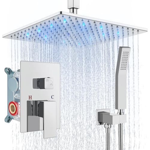 Aolemi Ceiling Shower Faucet Set with Handheld 12" LED Head Polish Chrome | Handheld Spray,12 Inch Rain LED Head,Shower Valve and Trim Kit,All Metal,Ceiling System,Bathroom Mixer - color: Chrome, size: 12 Inch LED Shower Head