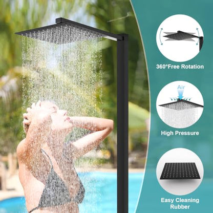 Square Freestanding Outdoor Shower Stainless Steel with 10" Rain Shower Head and Handheld, Matte Black Outdoor Shower Fixtures for Backyard Garden Beach Pool