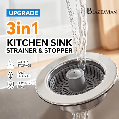 Solid Brass Body 3-in-1 Kitchen Sink Drain Strainer & Stopper, Heavy Duty Pop Up Plug Assembly with 2 Baskets, Anti-Clog Replacement for US Standard 3-1/2 Inch Drains, Rust-Proof Silver - color: Silver