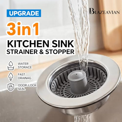 Solid Brass Body 3-in-1 Kitchen Sink Drain Strainer & Stopper, Heavy Duty Pop Up Plug Assembly with 2 Baskets, Anti-Clog Replacement for US Standard 3-1/2 Inch Drains, Rust-Proof Silver - color: Silver