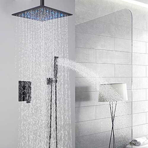 12 Inches Ceiling Mount Shower Faucets Sets Complete Shower System LED Rainfall Shower Head System Rough-in Valve Body and Trim Included Matte Black… - color: Matte Black, style: 12"-led