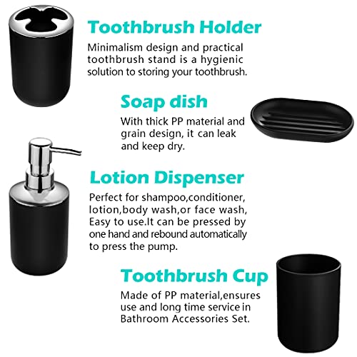 Compact 6-Piece Black Plastic Bathroom Accessories Set with Small Trash Can, Soap Dispenser, Toothbrush Holder, Cup, Soap Dish, Toilet Brush for Guest Bathroom Dorm Apartment - color: Black