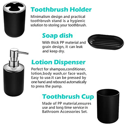Compact 6-Piece Black Plastic Bathroom Accessories Set with Small Trash Can, Soap Dispenser, Toothbrush Holder, Cup, Soap Dish, Toilet Brush for Guest Bathroom Dorm Apartment - color: Black