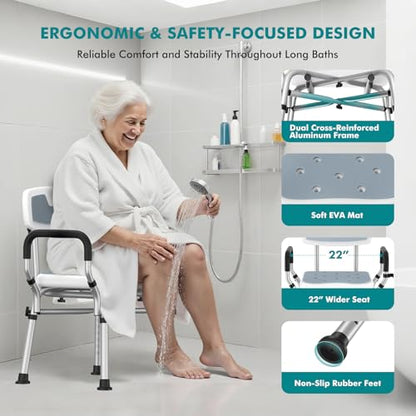 VFAUOSIT Shower Chair with Removable Arms and Back, 550 lb Adjustable Seat | Dual X-Brace Support, Non-Slip Feet, 12 Quick-Drain Holes, Tool-Free Assembly, Wide EVA Cushion, Rust-Resistant Frame - color: Gray