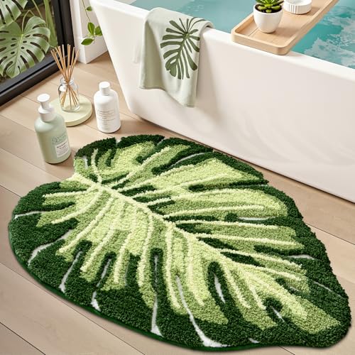 LUMI Cute Bathroom Rug Green Leaf, Absorbent Non Slip Bath Mat, 31.5"x47" | Monstera Plant, Soft Plush Microfiber, Quick Dry, Washable for Shower Floor, Bathroom, Sink Bathtub, Bedroom, Kids Room - color: Ample Monstera-large
