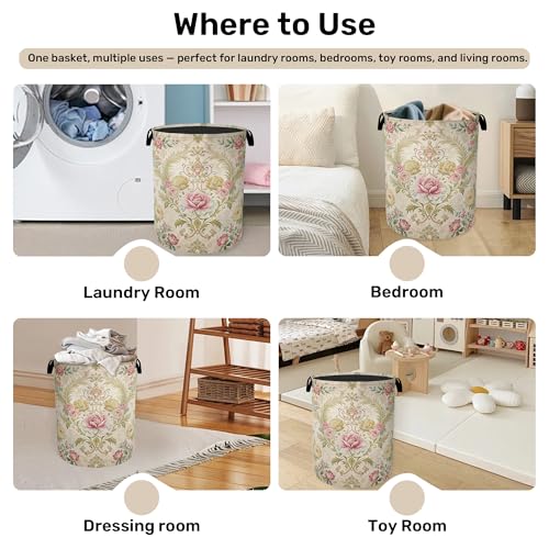 Shabby Chic Rose Laundry Basket with Handles - Extra Large Foldable Hamper for Bathroom/Laundry/Bedroom/Dorm, Washable Fabric Storage Bin - color: Shabby Chic Rose