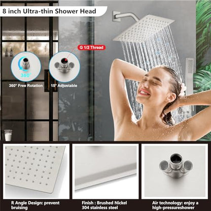 Midanya Shower Faucet Set with Handheld Sprayer,8 Inch,Brushed Nickel | Rough-in Shower Valve and Trim Kit Included,Square Rain Head,Wall Mount Shower System,All Metal,Bathroom - color: Nickel, size: 8 Inch