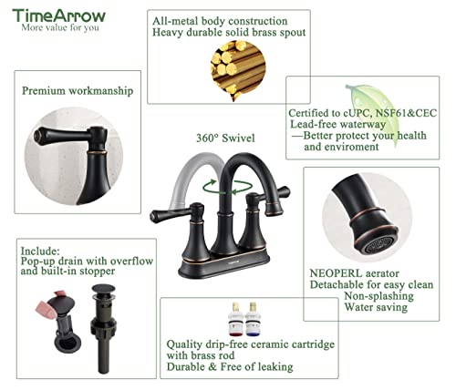 Oil Rubbed Bronze 2 Handle Centerset Bathroom Sink Faucet with Pop up Drain | TimeArrow Modern 4 Inch Bathroom Faucet, Vanity Lavatory Faucet 3 Holes with 360° Swivel Stainless Steel Spout, TAF067Y-ORB - color: Oil Rubbed Bronze-067Y