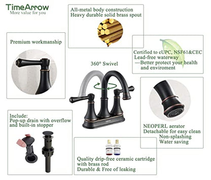 Oil Rubbed Bronze 2 Handle Centerset Bathroom Sink Faucet with Pop up Drain | TimeArrow Modern 4 Inch Bathroom Faucet, Vanity Lavatory Faucet 3 Holes with 360° Swivel Stainless Steel Spout, TAF067Y-ORB - color: Oil Rubbed Bronze-067Y