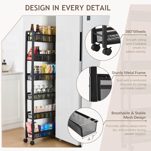 6 Tier Slim Rolling Storage Cart, Narrow Kitchen Storage Cart, Spice Rack Organizer with Wheels, Space Saving Shelf for Living Room, Laundry Room, Bathroom, Narrow Spaces