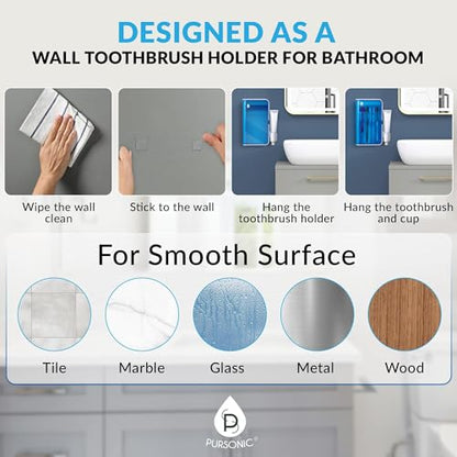 Pursonic UV Toothbrush Sanitizer Holder Wall Mounted - 5 Slots Toothbrush Holders for Bathrooms with Toothpaste Holder - No-Drill Toothbrush Holder Fits Electric Toothbrush Heads