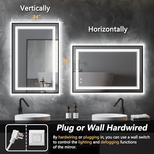 24"x36" Black LED Bathroom Mirror with Lights, Front and Back Light | Dual Light Strips,Thin Frame, Fogless, Dimmable, 3 Color Changing, Shatterproof, Touch Sensor, Horizontal/Vertical,Industrial