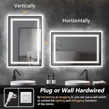 24"x36" Black LED Bathroom Mirror with Lights, Front and Back Light | Dual Light Strips,Thin Frame, Fogless, Dimmable, 3 Color Changing, Shatterproof, Touch Sensor, Horizontal/Vertical,Industrial