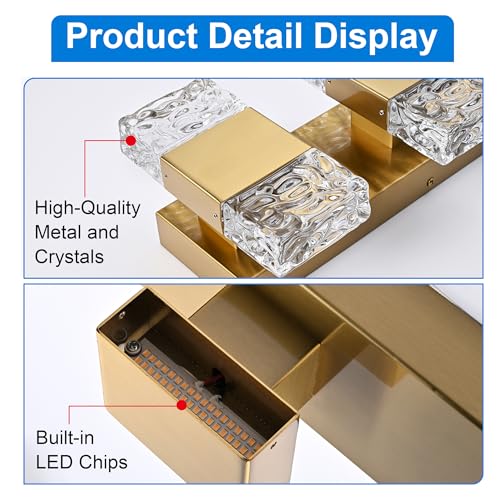 MELUCEE 5 Lights Brass Crystal Vanity Light Bar LED Bathroom Lights 30.3 in | 40W LED Modern Vanity Lighting Fixtures Wall Mount for Bath Restroom Powder Room, 3000K Warm Lighting - color: Brass, size: 5 Lights