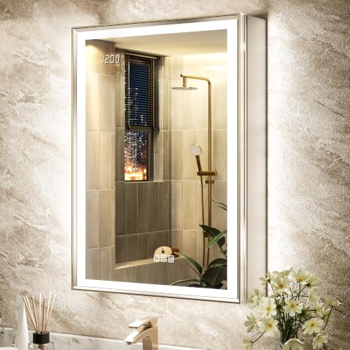 24x32 Lights Medicine Mirror Cabinet, Beveled Brushed Nickel Frame | Lighted Aluminum Bathroom Cabinet, Surface or Recessed Mount, Dimmable 3 Color Temp, Defog, Outlet, Clock, Sensor Inner Light - size: 24x32''(Left Hinge)