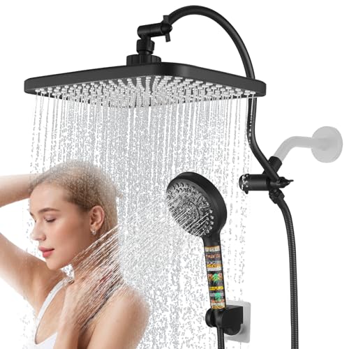 Fransiton 12" Shower Heads with Filtered Hand Sprayer Combo, Adjustable Curved Shower Extension Arm/71-inch Hose - color: Matte Black