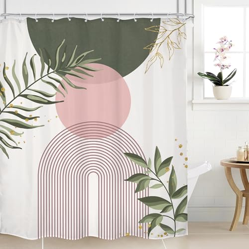Sage Green Mid Century Pink Boho Abstrac Leaf Bathroom Shower Curtain Set | Bohemian Tropical look; 60"W x 72"L. waterproof HD print, quick-dry fabric and free hooks for easy setup. - color: A-07pink Green, size: 60"W x 72"L (Pack of 1)