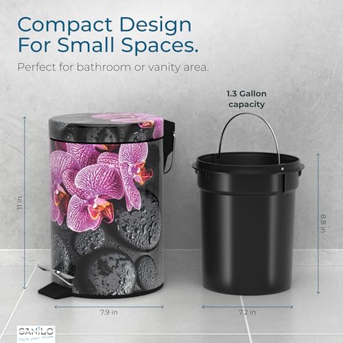 Sanilo Small Bathroom Trash Can with Lid [1.3 Gallon] - Lidded Tiny Trashcan for Garbage - Mini Metal Bin with Soft Closing Mechanism - Bath Room Accessoire Wastebin with Inner Bucket (Madeira) - color: Madeira