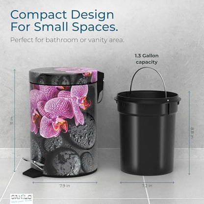 Sanilo Small Bathroom Trash Can with Lid [1.3 Gallon] - Lidded Tiny Trashcan for Garbage - Mini Metal Bin with Soft Closing Mechanism - Bath Room Accessoire Wastebin with Inner Bucket (Madeira) - color: Madeira