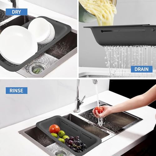 LASSHSWA Collapsible Colander for Kitchen, Over the Sink Strainer Basket for Kitchen, Fruit Pasta Food Strainer Expandable Plastic Colander BPA Free (Black) - color: Black