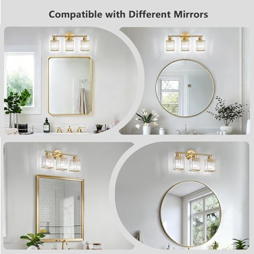 3 Light Bathroom Light Fixtures, Modern Crystal Vanity Lights over Mirror | Metal Frame, Bathroom Light with Square Crystal Shade, ETL Certified, E26 Ceramic Socket, Bulbs Not Included - color: Gold, size: 3-Light