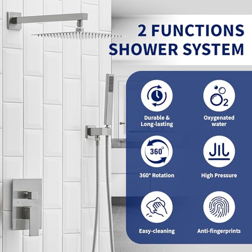 BWE 12 Inch Brushed Nickel 2-Faction Wall Mounted Bathroom Shower System | Brass and Stainless Steel,Rainfall Shower Head,Handheld Shower Head,Pressure Balance Valve,Escutcheon Plate,Hotel,Bath Center - color: Brushed Nickel, size: 12 Inch